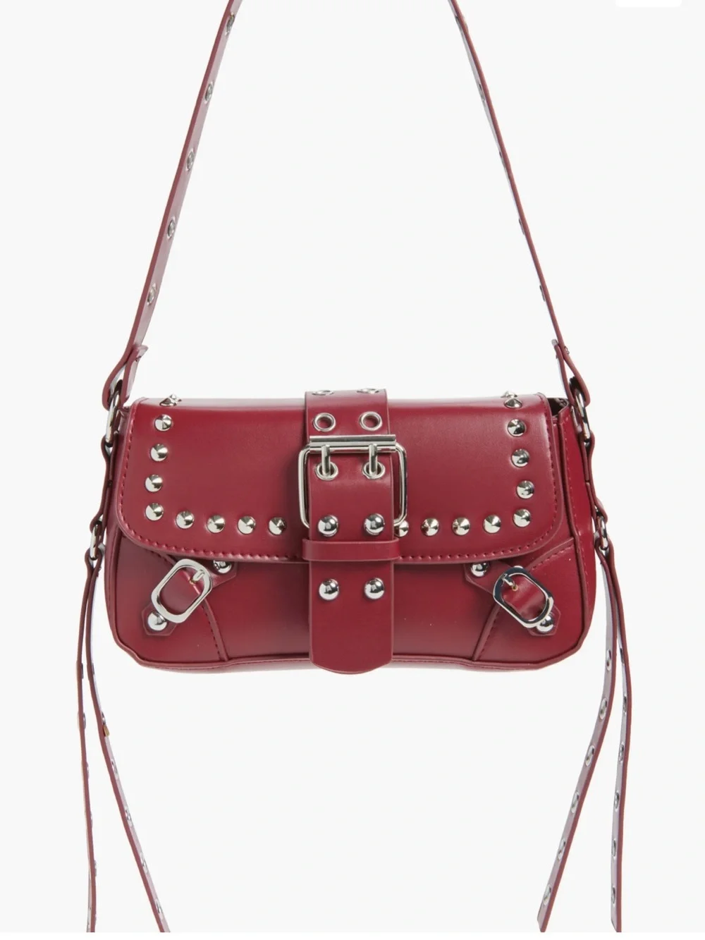 🆕 Red Buckle Stud Shoulder Hand Bag Purse Silver Rivets Vegan Faux Leather BP.